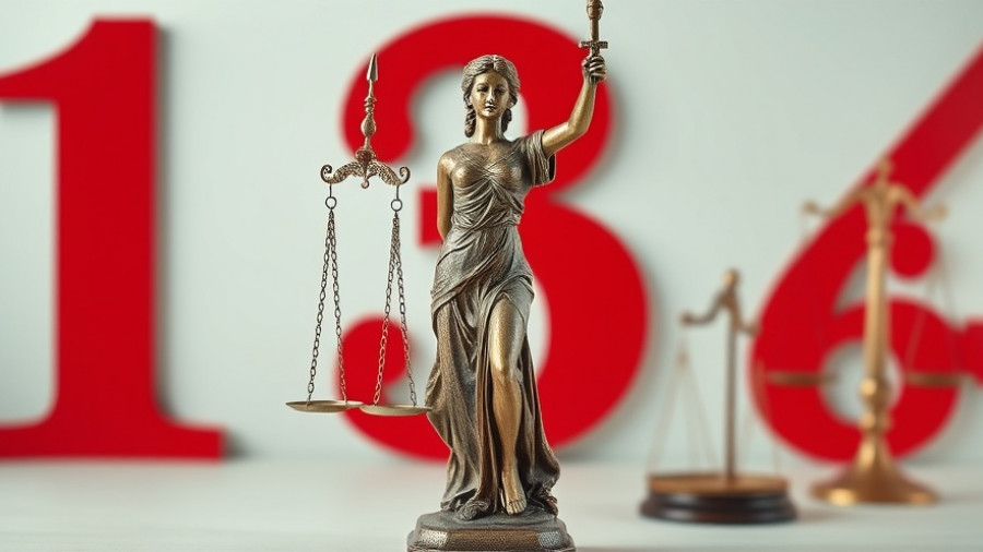 Justice statue with red background, symbolizing handgun purchase ban discussion.