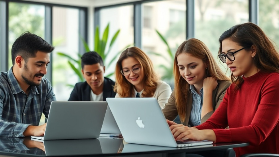 Diverse team using AI for workplace emails in a modern office.