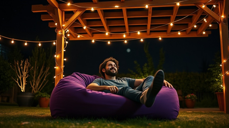 Community Beanbag Bites under string lights with humorous text overlay.