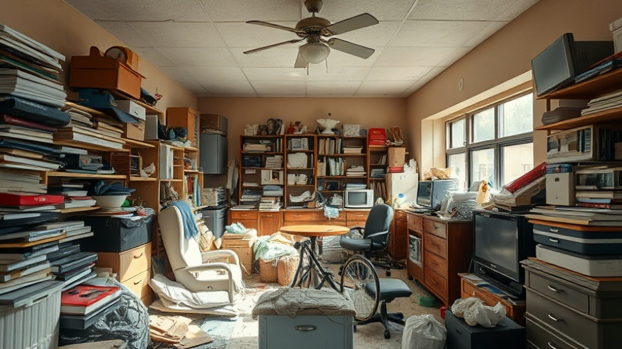 Cluttered room with scattered items, illustrating neglect.