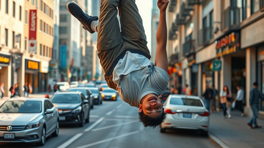 Energetic young man sharing fitness tips on urban street.