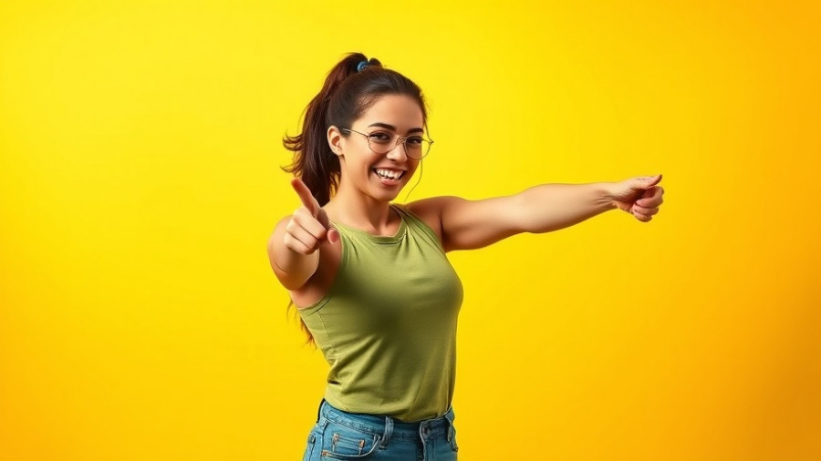 Energetic woman promoting fitness business, new competitors concept.