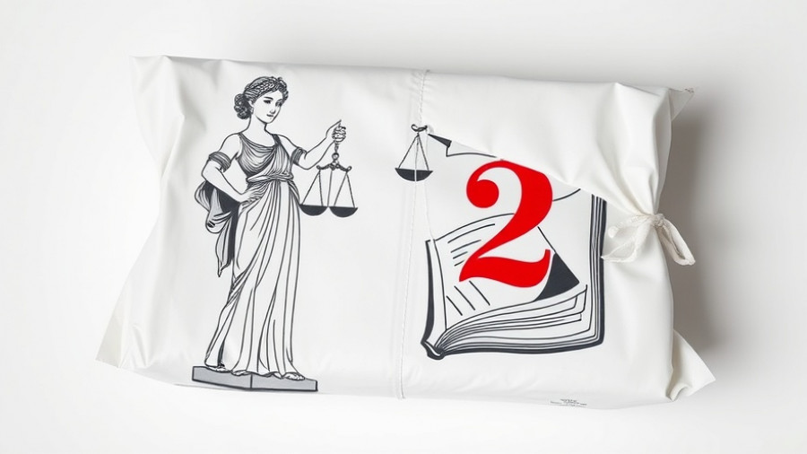 Legal-themed package with Lady Justice illustration and large red number two.