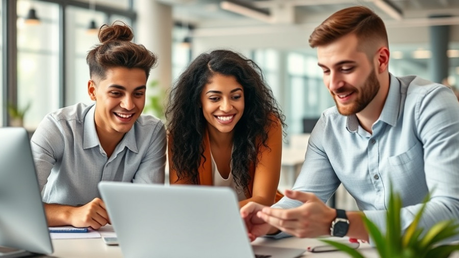 Young professionals using laptops in a modern bright office space.