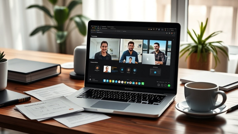 Modern workspace with webinar content on laptop.