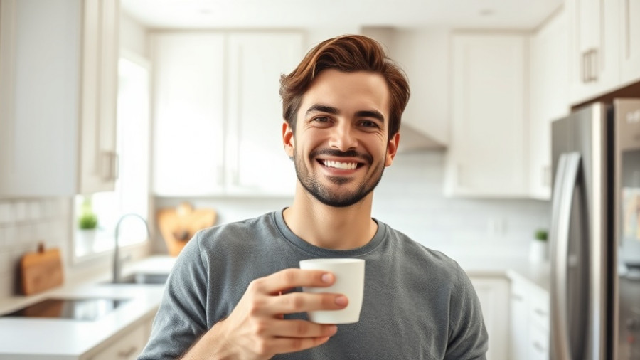 Young entrepreneur smiling in kitchen with coffee cup.