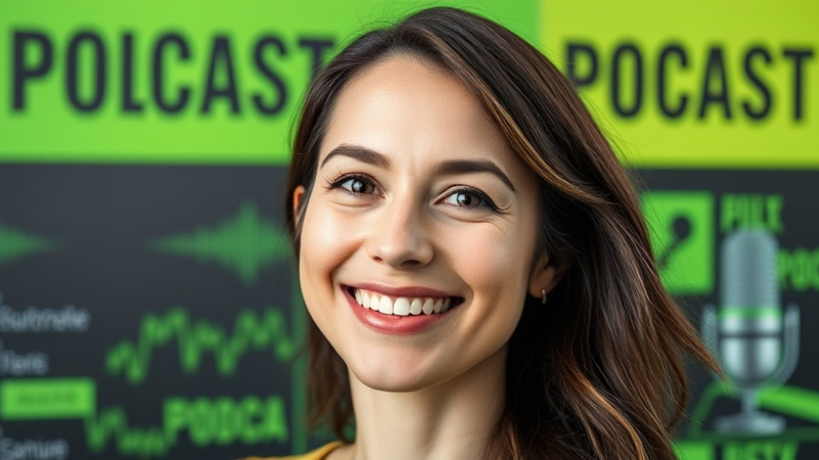 Cheerful woman discussing persuasion techniques on a podcast.
