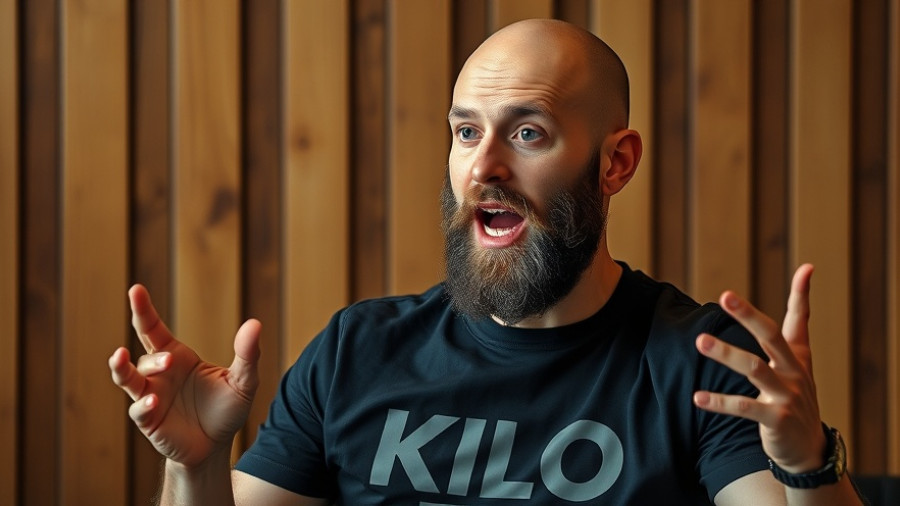 Bald man enthusiastically explains training structure, warm wooden background.
