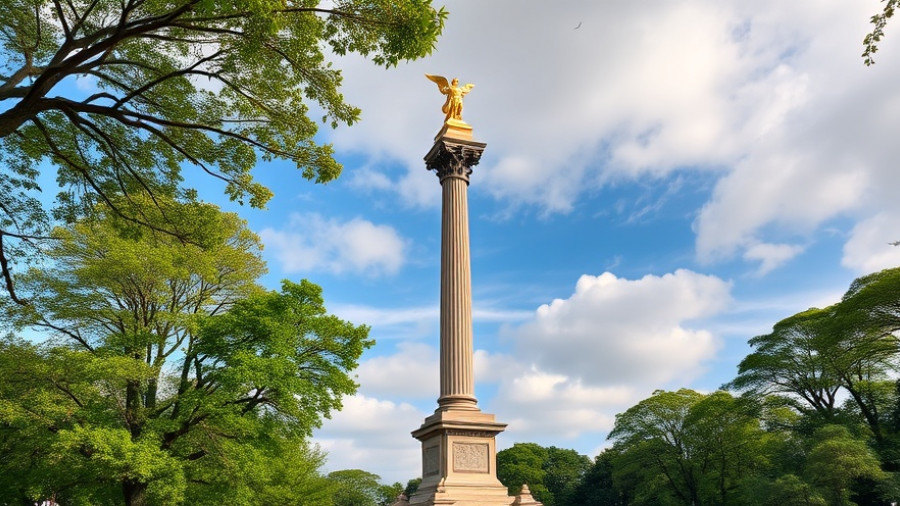 Tall monument at Bronx Victory Memorial, clear sky, lush greenery.