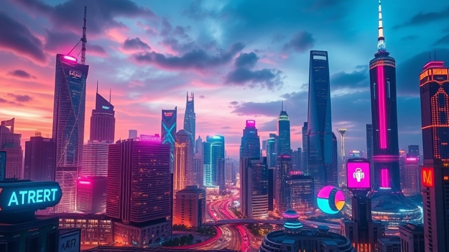 Futuristic city with AI advancements in October 2025, vibrant skyline.