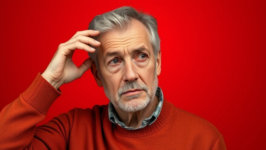 Man gesturing thoughtfully with vibrant red background.