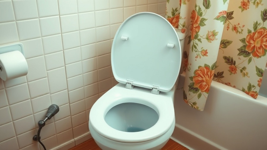 Modern bathroom with open toilet seat, cleaning tips banner.