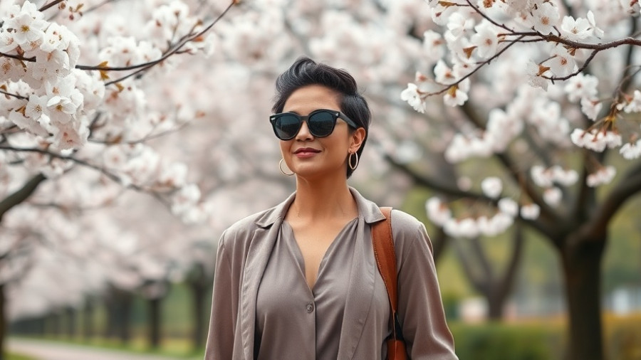 Confident woman enjoying cherry blossoms, serene park setting.