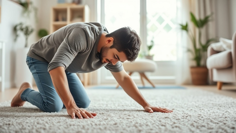 Focused young man cleans carpet with extra effort in daily life.