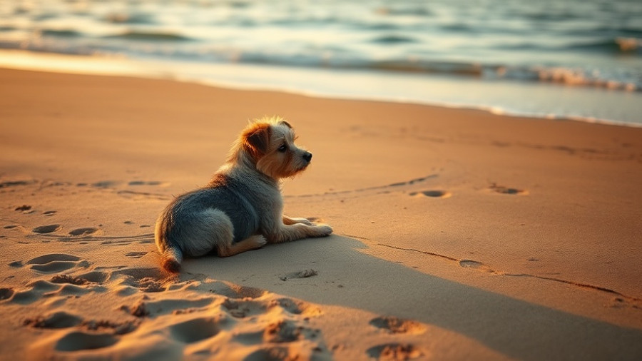 Serene dog on beach capturing a child's promise to teddy, sunset background.