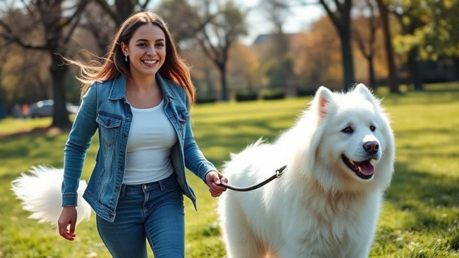 Young woman walking dog in California park, living on $386K a year.