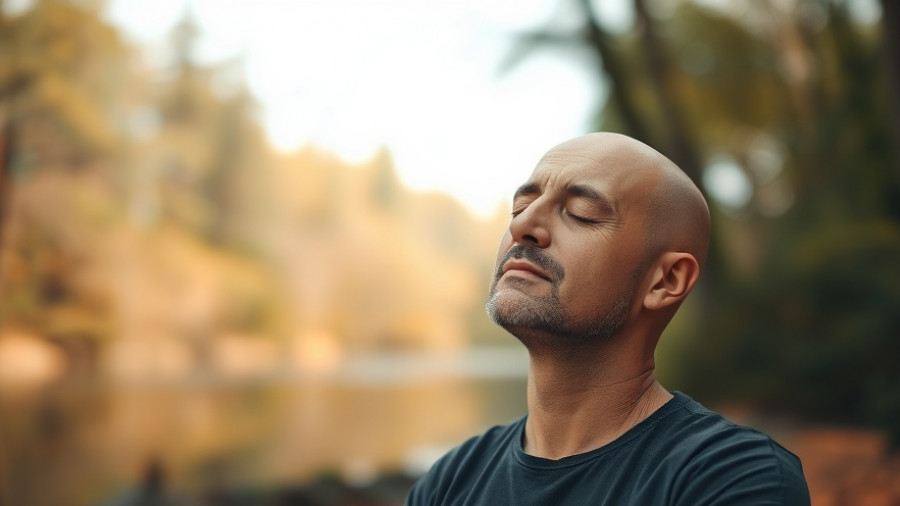 Bald man meditating in nature, serene moment, Marble Meditation Hack.