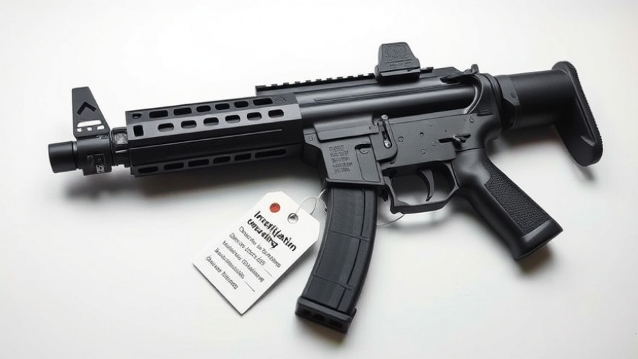 Black submachine gun tagged as Exhibit 54 related to investigative journalism.