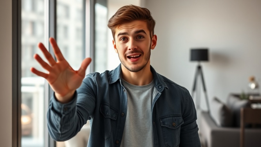 Young man discussing AI video creation tools in a modern room.