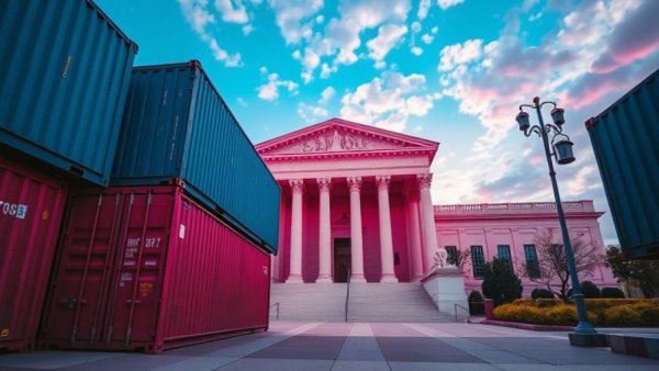 Trump's Tariffs Supreme Court Ruling depicted with shipping containers over a pink Supreme Court building.