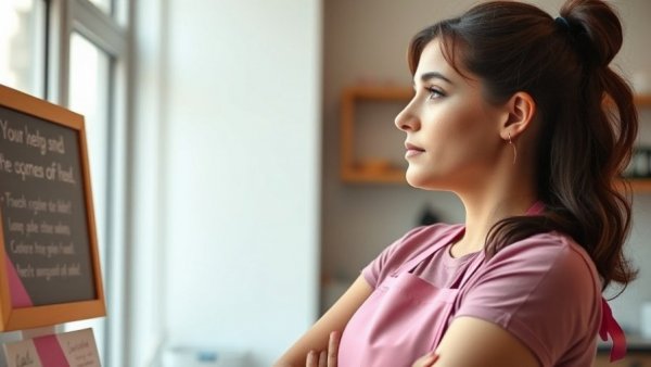 Free Cleaning Services Impact considered by woman in pink apron, softly lit indoors.
