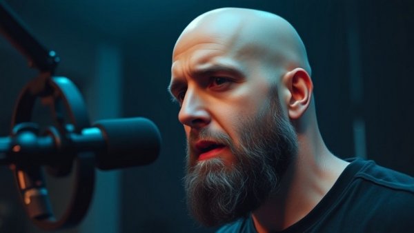 Bald man discussing health on mic in dim recording studio.