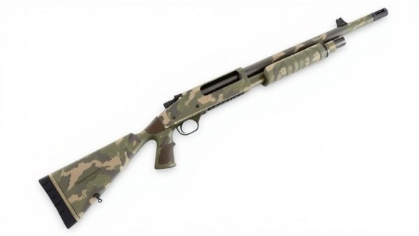 Camouflaged shotgun showcasing intricate design on a white background.