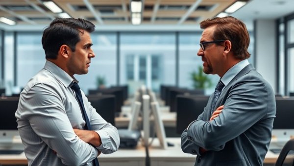 Workplace friction depicted by two professionals in a tense office exchange.
