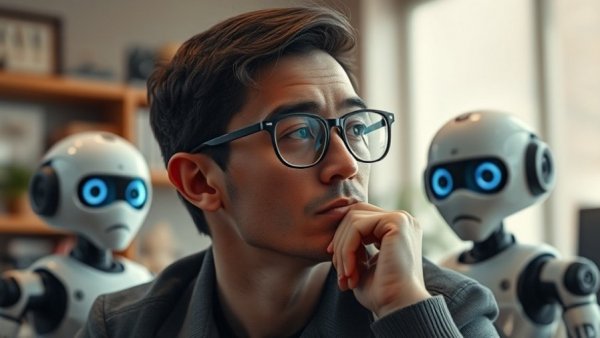 Can AI Be My Best Friend? Person with AI robots in an office.