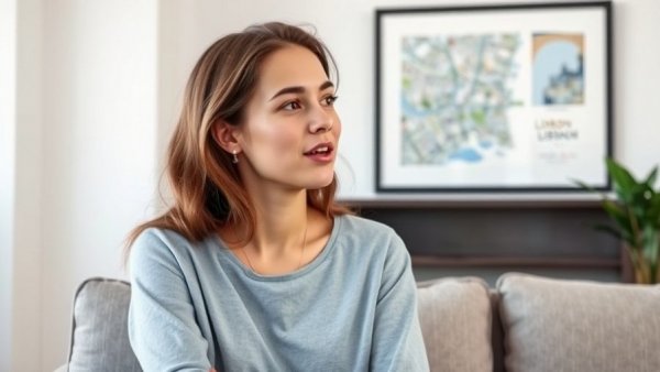 Young woman sitting in Lisbon office, discussing work-life balance, natural light.