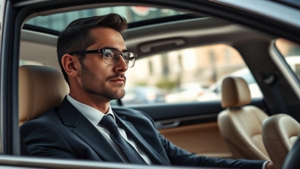 Businessman in luxury car reflecting on Elon Musk pay package.