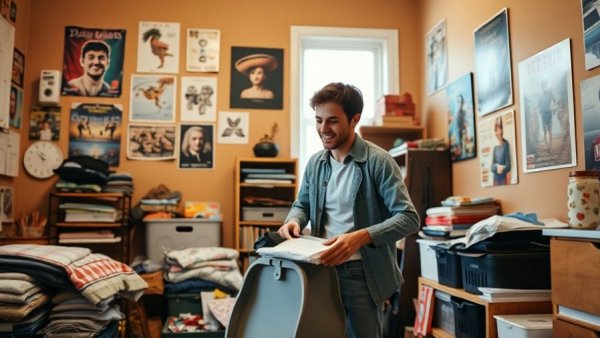 Young adult organizing a cozy room, decluttering your space.