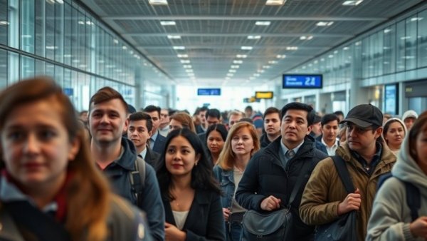 Travelers waiting at airport amidst flight cancellations due to government shutdown.