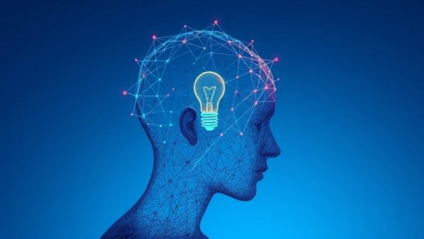 Abstract human head with light bulb network symbolizes AI competitiveness.