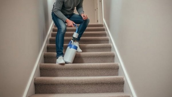 Cleaning stairs in a modern home, person with spray canister.