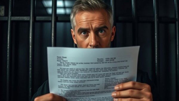 Man holding document about gun control legislation and public safety in front of bars.