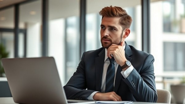 Professional man in a suit in an office doing brand strategy work.