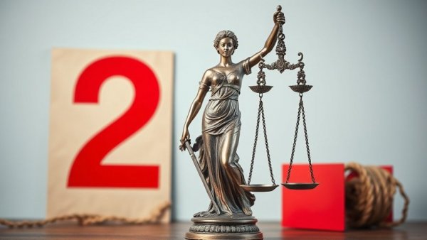 Artistic Lady Justice statue against bold red graphic, symbolic.