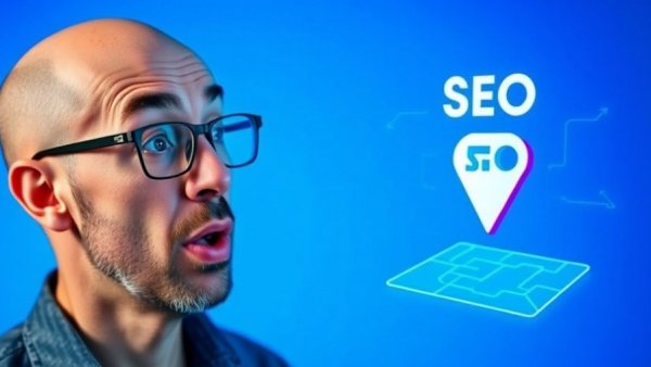 Surprised man looking at SEO graphic with map pin. Boost Your Local SEO.