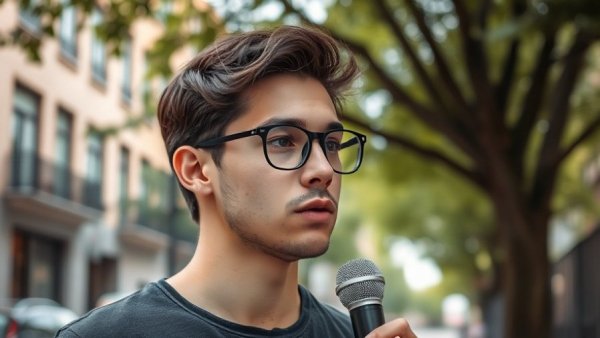 Young man outdoors holding a microphone in casual interview setting.