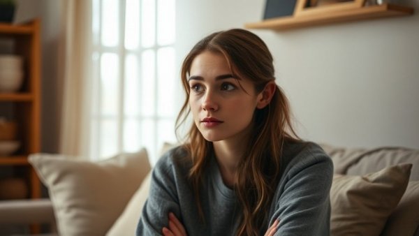 Young woman living on $63,000 a year as a teacher in a cozy room, thoughtful expression.
