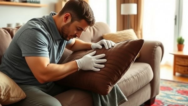 Man inspects couch cushion for odor; learn how to remove smells from couch.