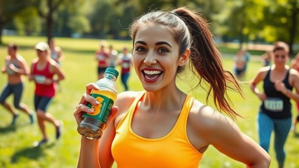 Energetic young woman at outdoor event on her fitness journey.