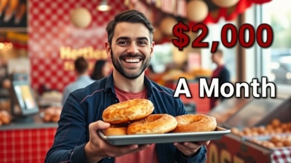 NYC Pizza Bagel Business Success: Smiling man holds pizza bagels.