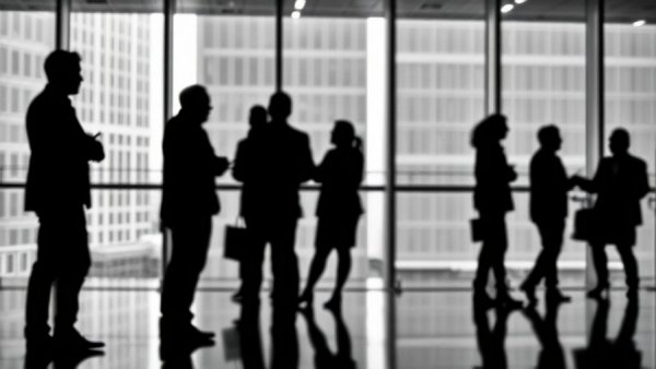 Blurry office silhouettes symbolize 'Return to Office Mandates'.