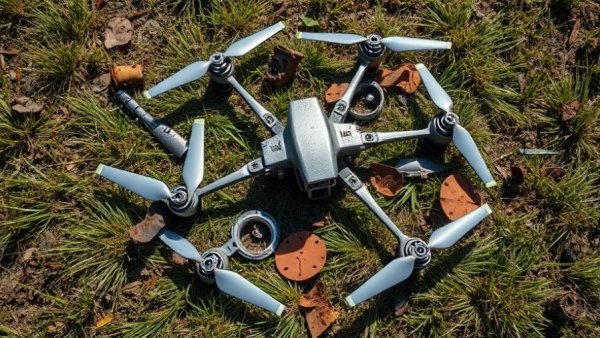 Disassembled drone parts on ground, illustrating defense strategies.