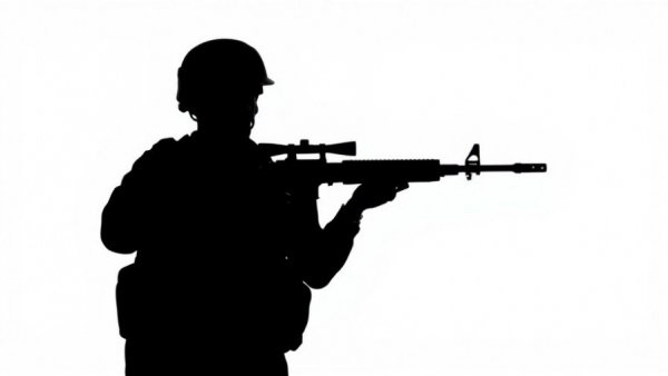 Silhouette of soldier holding rifle in minimalistic style.