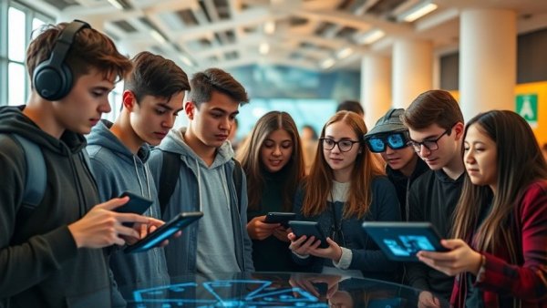 Teenagers using AI devices, showcasing media habits, in a futuristic room.