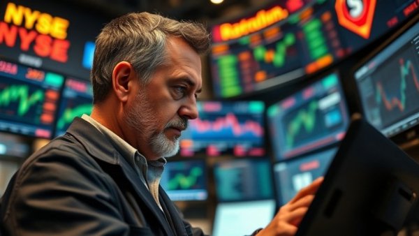 Focused stock trader analyzing financial data on multiple screens.