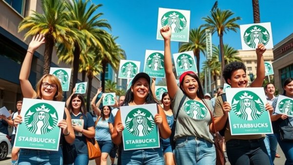 Starbucks baristas on strike with protest signs, sunny street scene.